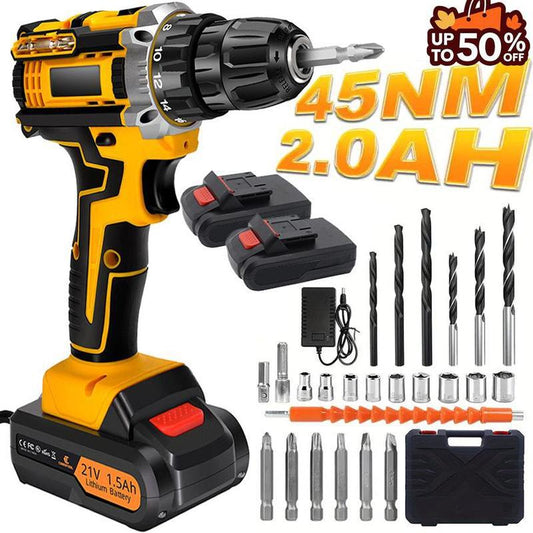Perceuse-Visseuse Sans Fil 21V avec Couple 45 Nm – 2 Batteries, 2 Vitesses, 25+3 Réglages, Mandrin 10 mm, LED