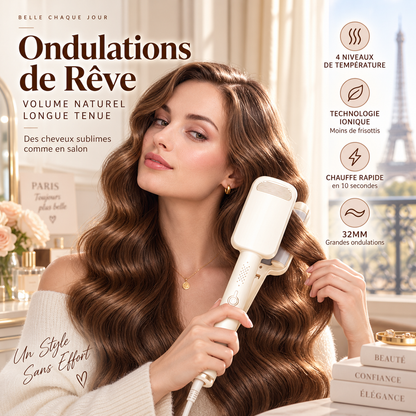 🥳💞 +48 000 vendues🔥💁‍♀️Fer à Boucler Ondulant 32 mm – Ion Négatif & Chauffe Rapide 10s, 4 Températures 160-220°C, Extinction Auto 60 min for des Ondulations Volume 🌀