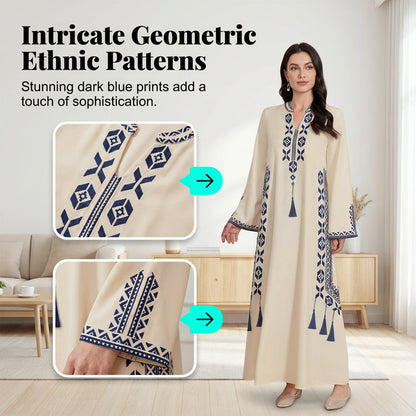 Robe caftan femme à imprimé ethnique avec col en V