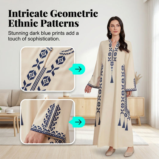 Robe caftan femme à imprimé ethnique avec col en V