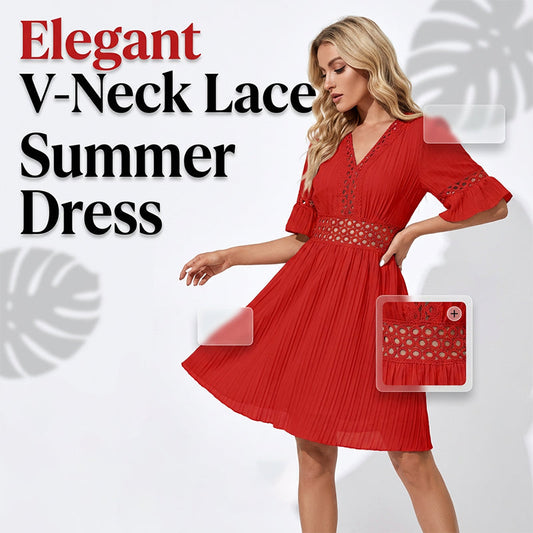 👗 PROMO LIMITÉE -50% ! ✨ Robe Chic à Col V avec Découpes en Dentelle – Jupe Plissée, Manches Volants, Tissu Respirant, 5 Coloris, Tailles S-XL 🌸