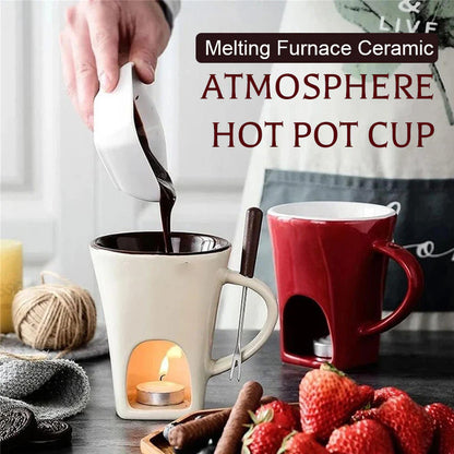 📢 50% de Réduction – Tasse à Fondue au Chocolat en Céramique avec Chauffe-Plat à Bougie, Set 200 ml avec Fourchette
