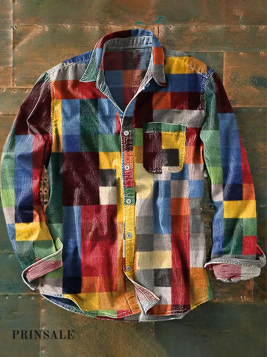 Chemise de poche à manches longues à revers imprimée vintage unisexe simple couleur arc-en-ciel